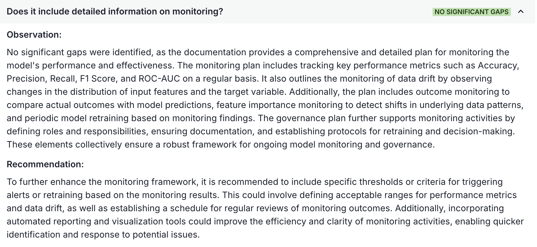 A screenshot showing a question and the observation 'NO SIGNIFICANT GAPS' with a recommendation